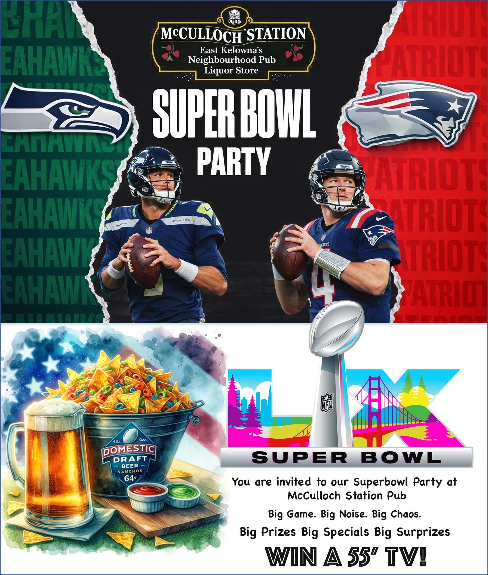 image of a poster featuring Super Bowl 2026 live at McCulloch Station